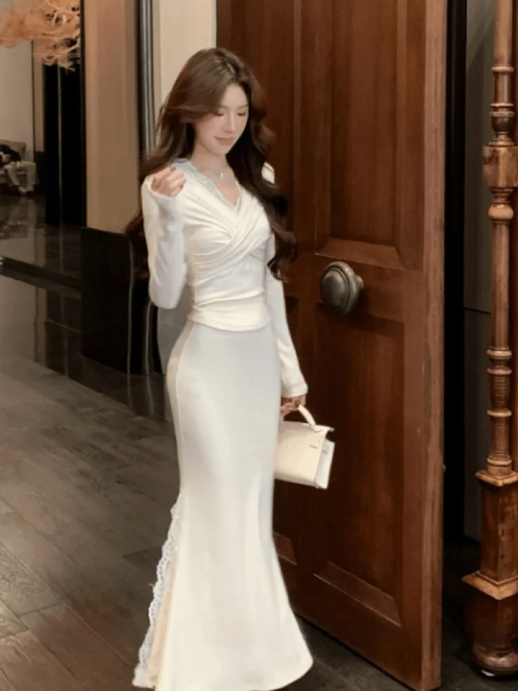 

Белая кружевная юбка-русалка MOOJRRO с высокой талией, облегающая, с разрезом, весенняя, универсальная, для женщин