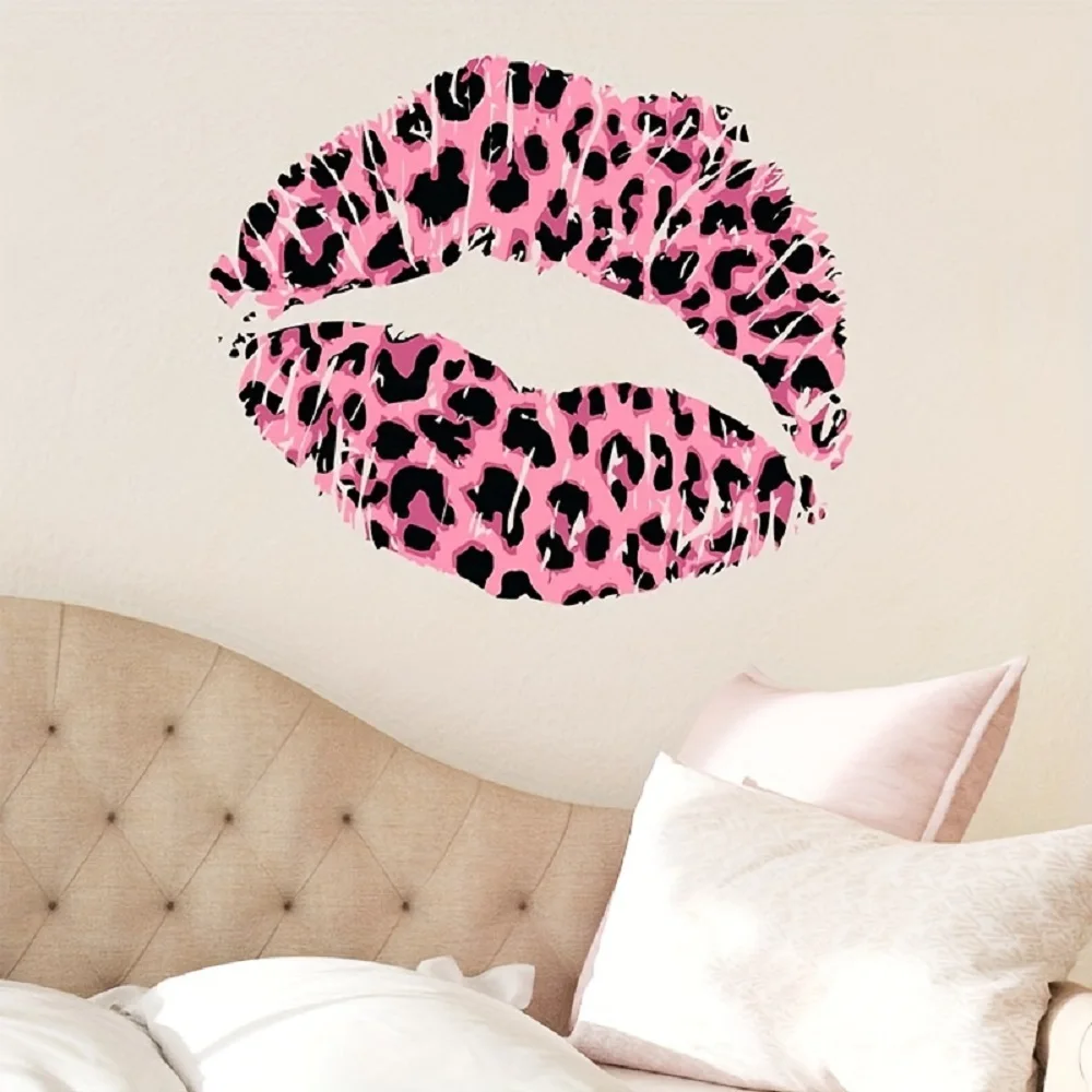1 Leopard Print Sexy Red Lips Wall Sticker, Suitable for Bedroom Decoration, Home Room, Living Room, Bathroom Wall Decoration