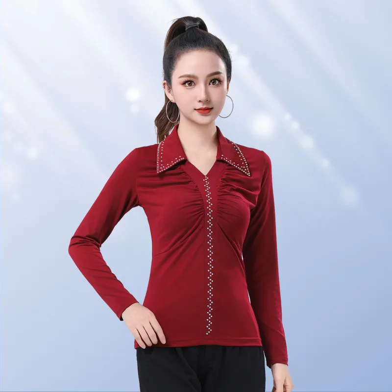 Primavera nuova danza quadrata marinaio sala da ballo danza bavero sottile manica lunga danza moderna top