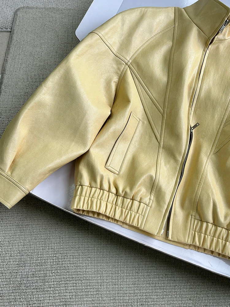 Lautaro Frühling Herbst Gelbe PU-Lederjacke für Damen mit Reißverschluss, Langarm, Looe Casual Luxus Designer Amerikanische Retro-Kleidung 2026 – Detail 9