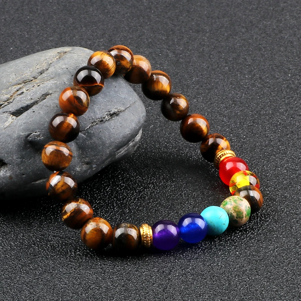 7 Chakra Beaded Bracelets Natural Tiger Eye Stone Black Lava Yoga Healing Bracelet for Women Men Meditation Bangles Jewelry Gift