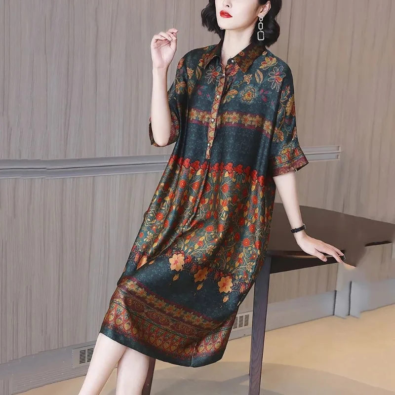 

Silk retro printed dress female 2023 spring and summer new fashion temperament loose show half sleeve knee-length dress women