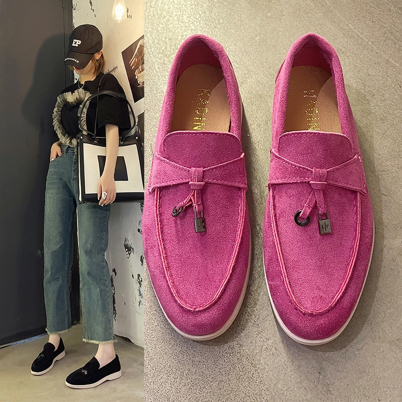 

New Fashion Women's Walk Loafers Women Flat Shoes Khaki Suede Leather Tassel Metal Lock Slip on Slipper Mules Shoes Causal Shoes