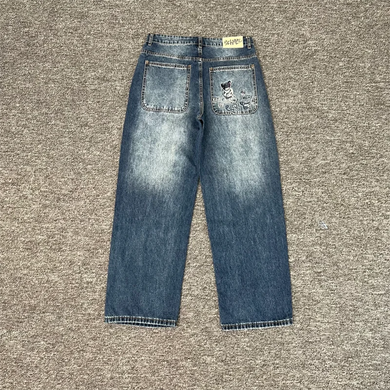 

2025ss джинсовые джинсы с вышивкой «рыба и медведь» синие брюки для мужчин и женщин, брюки для бега лучшего качества