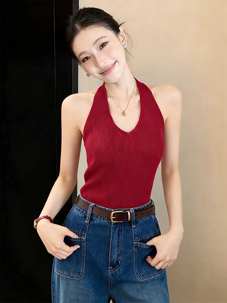 

Сексуальный вязаный топ с V-образным вырезом для женщин, летний, облегающий, на бретельках, для ношения под одеждой