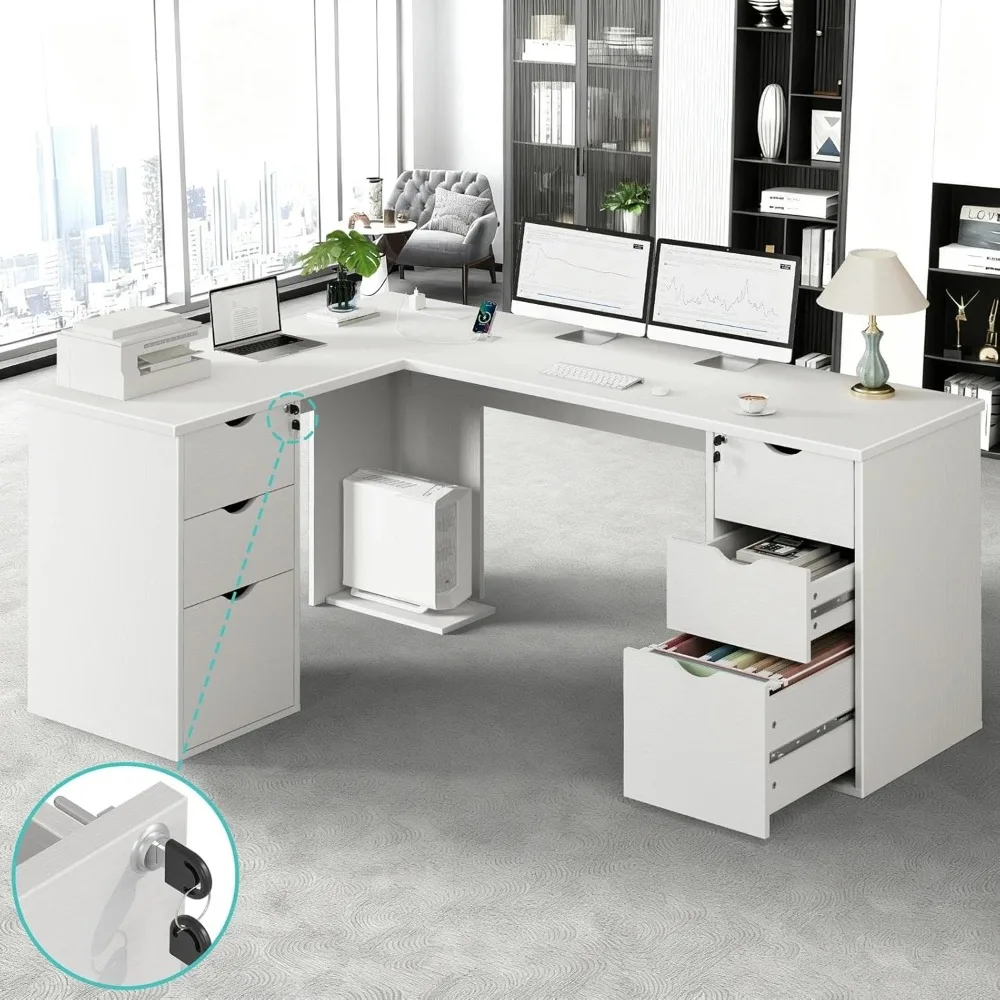 

L-shaped office desk with drawers -66 inch modern large executive L-shaped computer desk with filing cabinet and power outlet