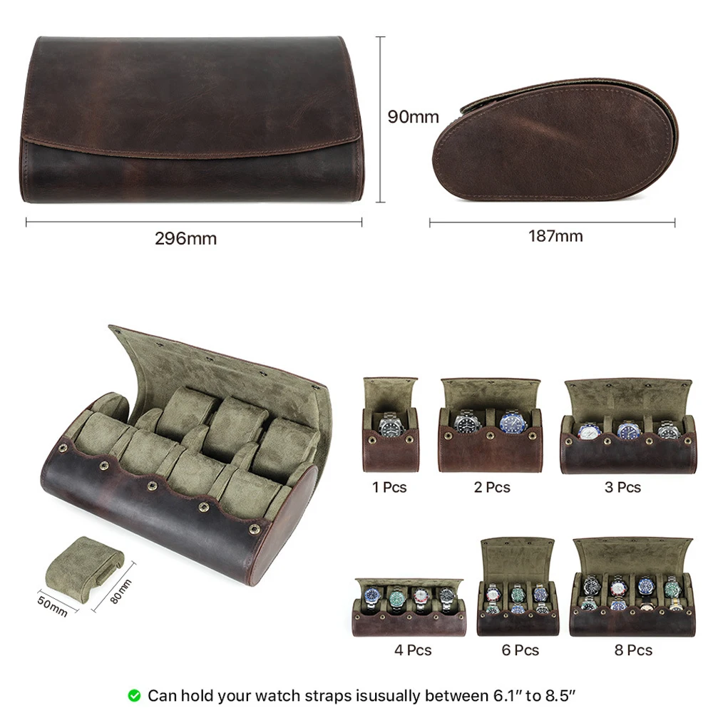Scatola per orologi da viaggio con 8/6/4/3/2/1 slot Custodia da viaggio per orologi in pelle Crazy Horse Organizzatore per orologi Custodia per orologi marrone