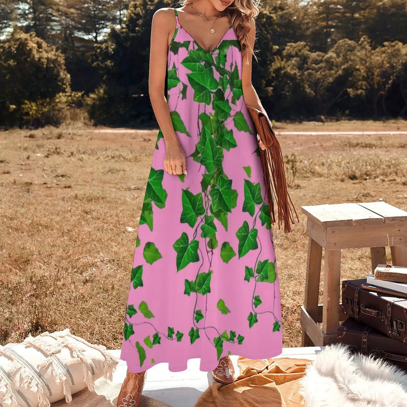 GREEN IVY HANGING LEAVES VINES PINK ART Sleeveless Long Dress Women's summer long dress dress women elegant luxury