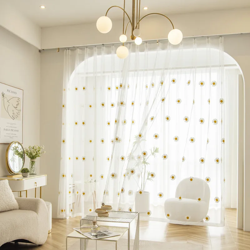 1PC Yellow Daisy Embroidery Window Tulle Curtains For Living Room Kids Bedroom Cute Floral Sheer Voile Window Drapes For Kitchen