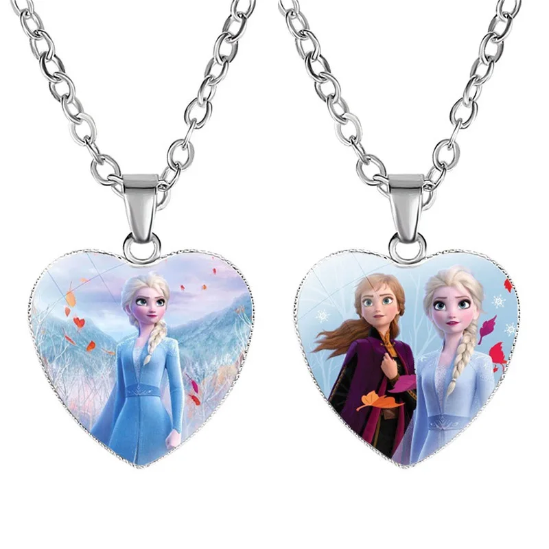 Disney Frozen Love Necklace Children's Cartoon Princess Elsa Anna Heart Pendant Cute Girl Necklace Birthday Gift