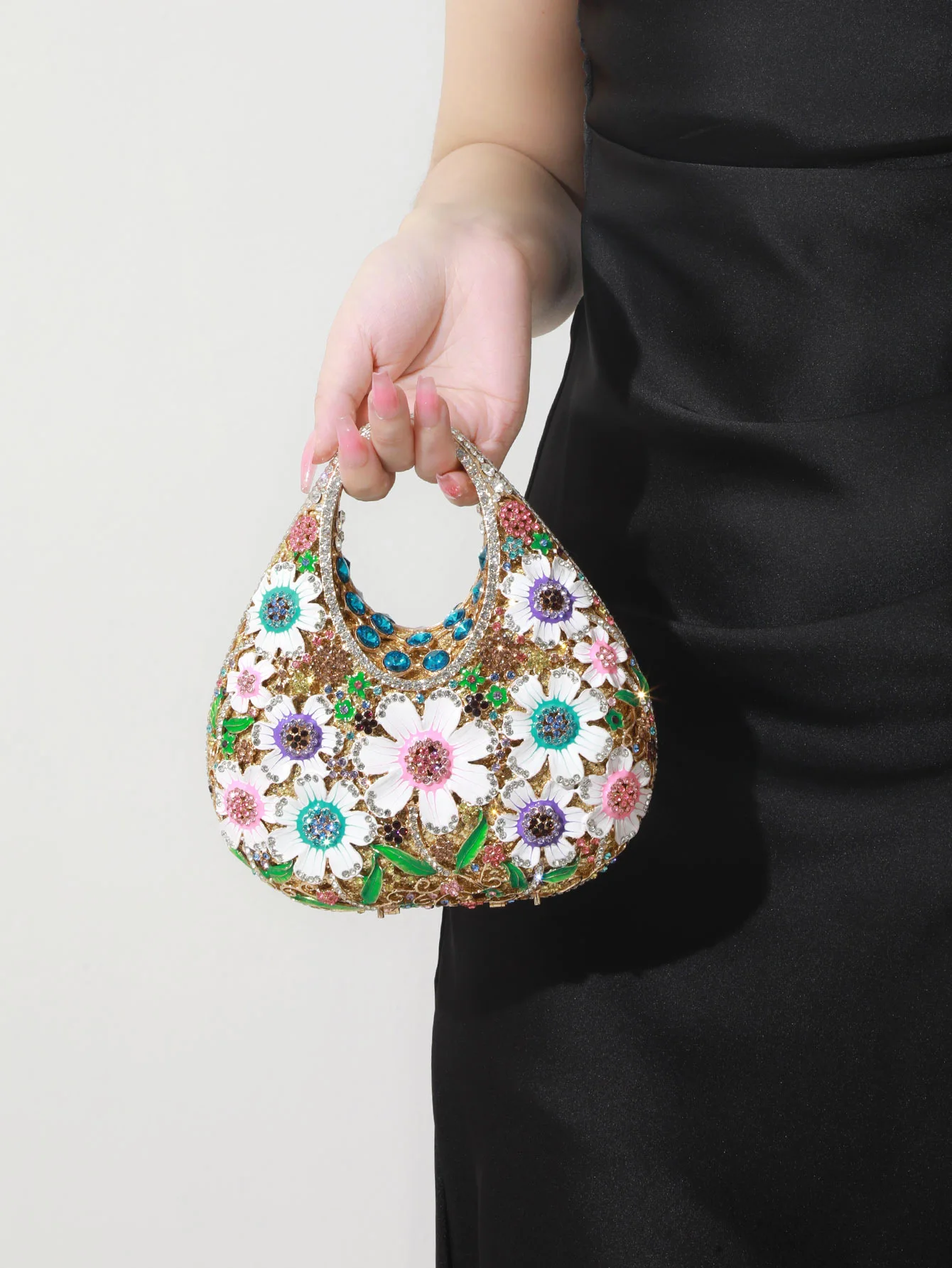 

Women's Light luxury Oil Wax Flower Full Diamond Banquet Bag Socialite Party Bag Banquet Handbag Half-moon Shoulder Bag Female