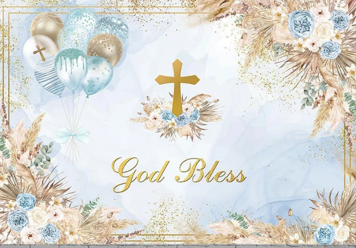 Boho God Bless Baptism Backdrop Boys Holy Communion Party Decorations Background Blue Marble Christening Ceremony Newborn Banner