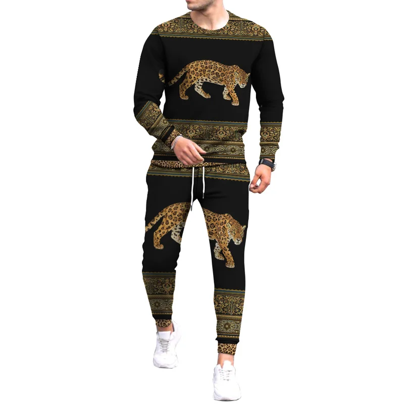 Fashion Animal Leopard Lion 3D Print Men\'s Sportswear Set Long-Sleeved T Shirt Pants 2-Piece Set Oversized Pullover Men Clothing