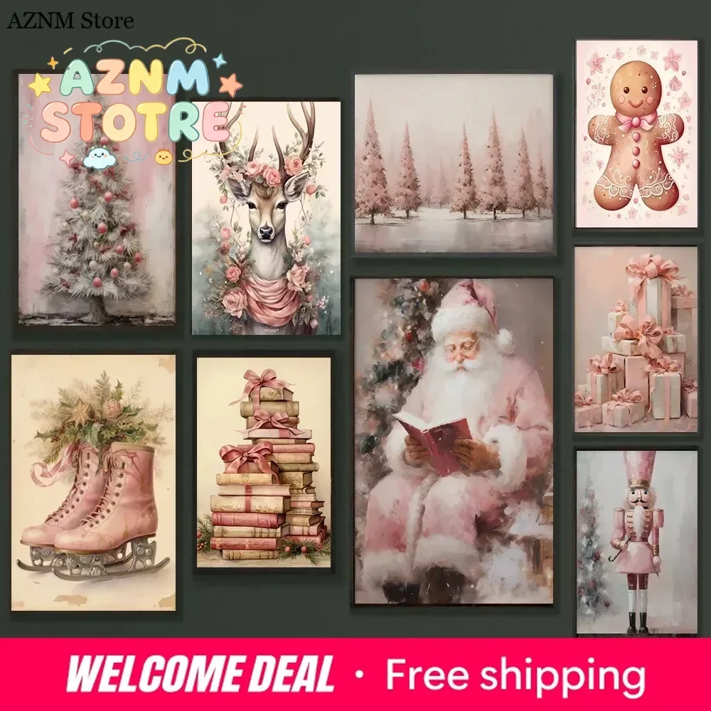 Vintage Pink Christmas Gingerbread House Reindeer Santa Poster Print Canvas Painting Wall Art Picture Living Room Home Decor