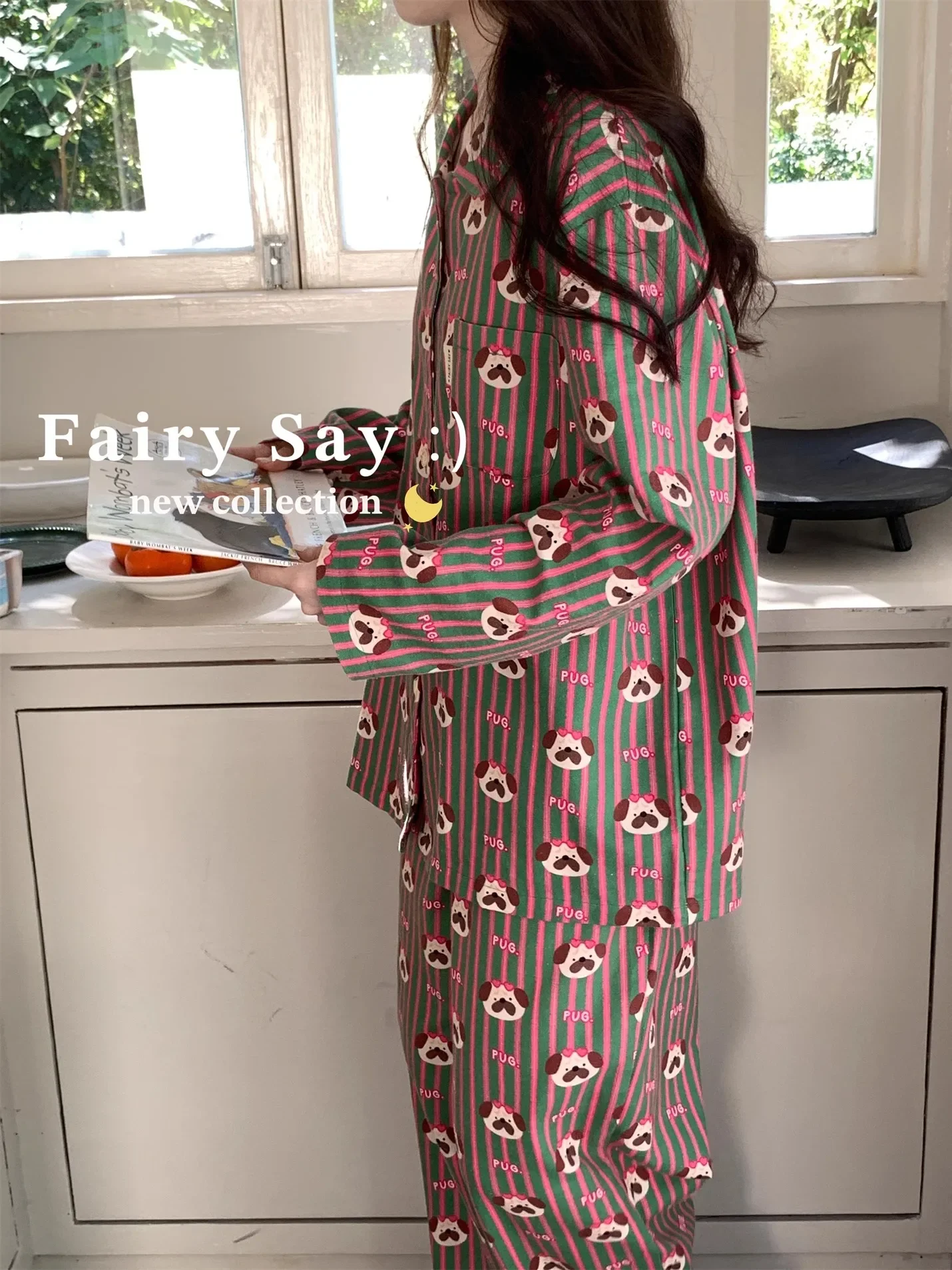 Cotton Sweet Loungewear Korean Fashion Cartoon Print Lapel Long Sleeve Pajama Sets Cute Girls Homewear 2025 Spring New