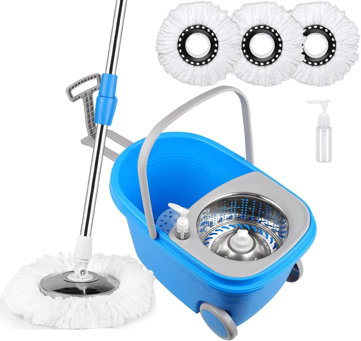 Blue Spin Mop Bucket Sets 360° Spinning Cleaning Tools with 3 Microfiber Replacement Heads, 61