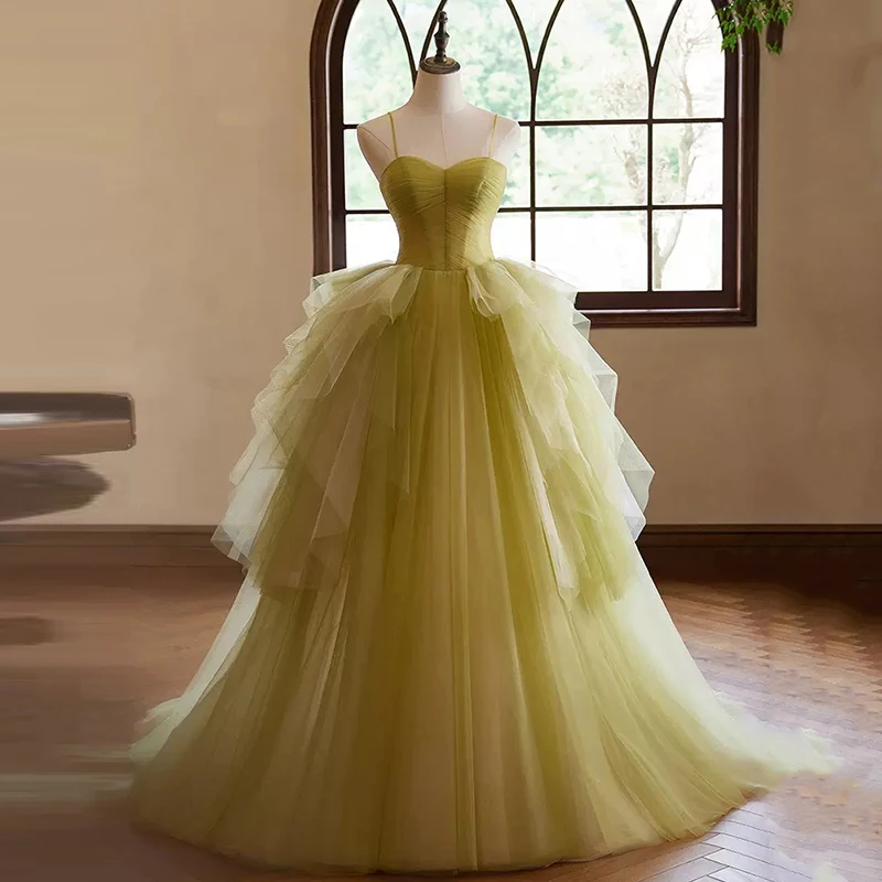 

AnXin SH princess green lace spaghetti strap sleeveless ruffles ball gown lace up party long bride customized evening dress