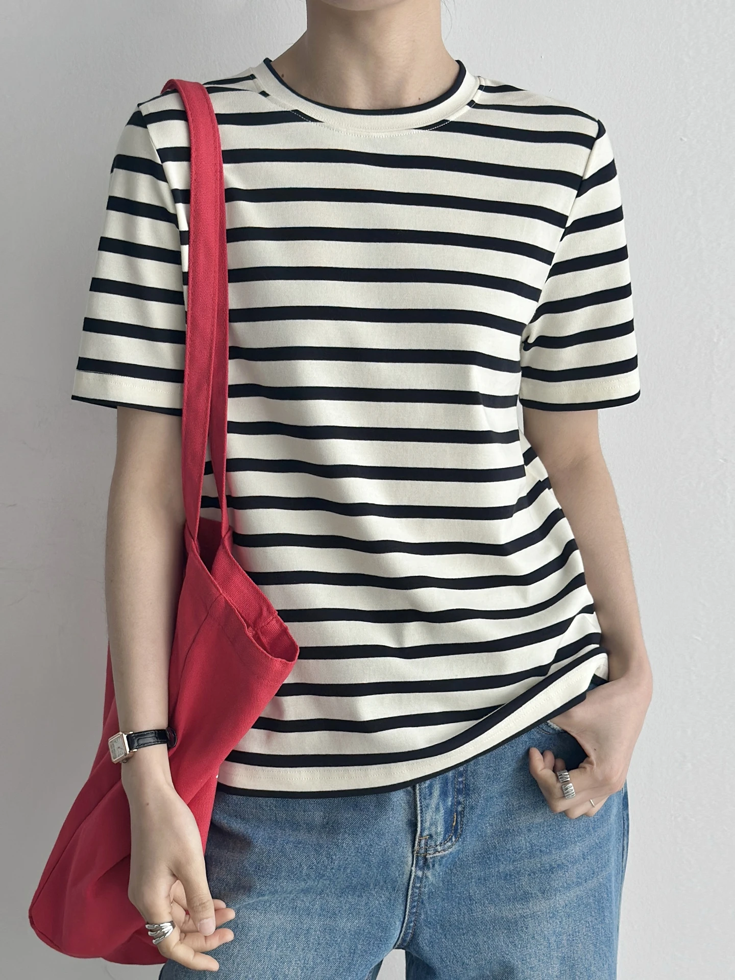 

Loose Cotton Knitted Stripe T-Shirt Women Short Sleeve Casual Heavy Color Weave Versatile Body Shirt Top Soft Comfortable Bre...