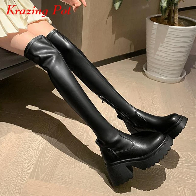 

Krazing Pot Microfiber Round Toe Thick High Heels Platform Boots Winter Zipper Keep Warm Waterproof Non-slip Over-the-knee Boots