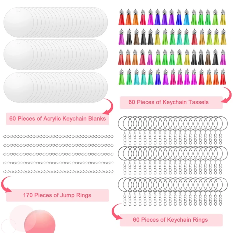 350 шт. акриловые прозрачные заготовки для ключей из винила с заготовками, кисточками, колечками для ключей, кольца для ключей для рукоделия