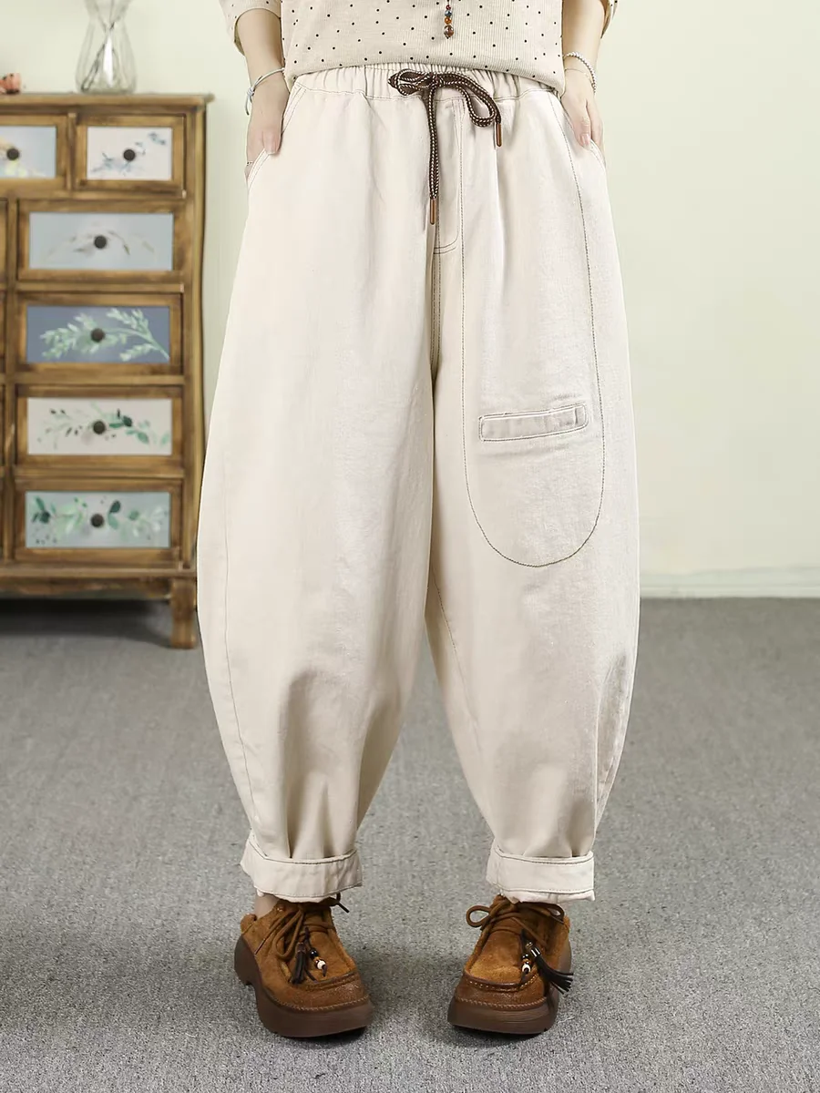 Retro Gesplitste Casual Denim Broek Vrouwen Losse plus Size Elastische Taille Belted Harlan Wortel Broek Herfst Nieuwe Sle Pure Kleur