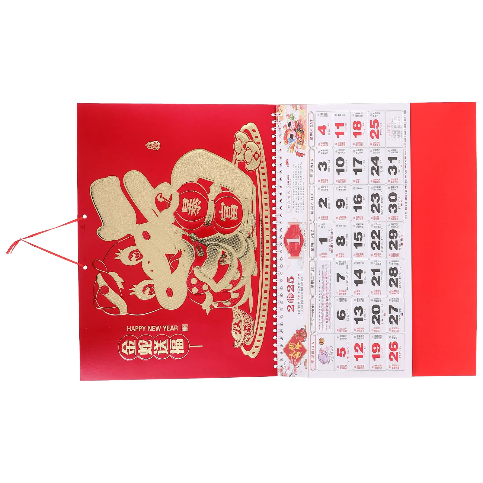 

2025 год змеи, большой китайский настенный календарь, красное золото, персонаж Фу, двойные бумажные страницы, лунный подвесной календарь, Новый год
