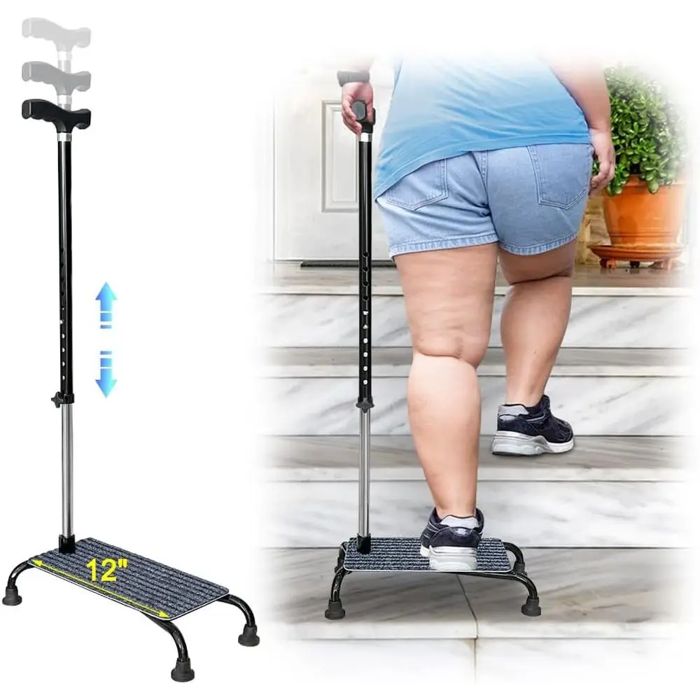 

Adjustable 4-Prong Folding Quad Cane with Large Base for Elderly Stair Support and Stability