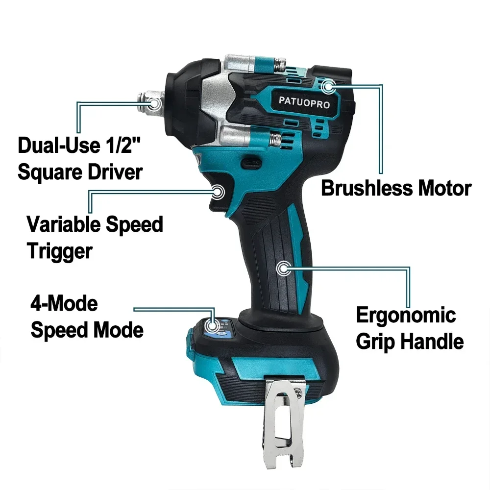 Llave de impacto inalámbrica de 1/2 pulgadas, llave eléctrica sin escobillas, 500N.m, herramienta de velocidad de 4 modos compatible con batería