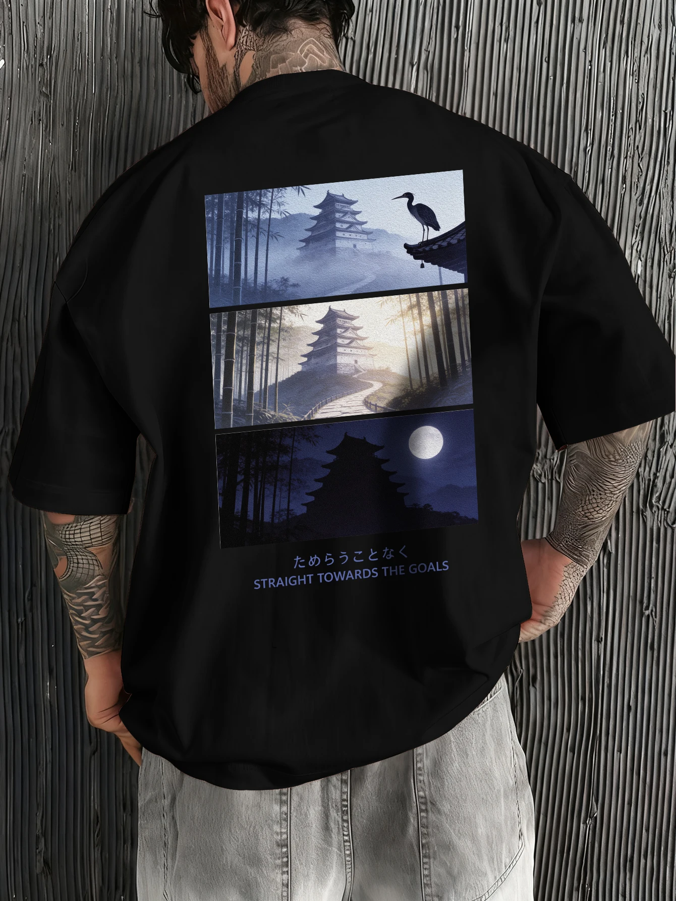 Men Pink Oversized T-Shirt Japanese Bamboo Pagoda Crane Grid Print Japanese Slogan Back Oriental Casual Street Tee