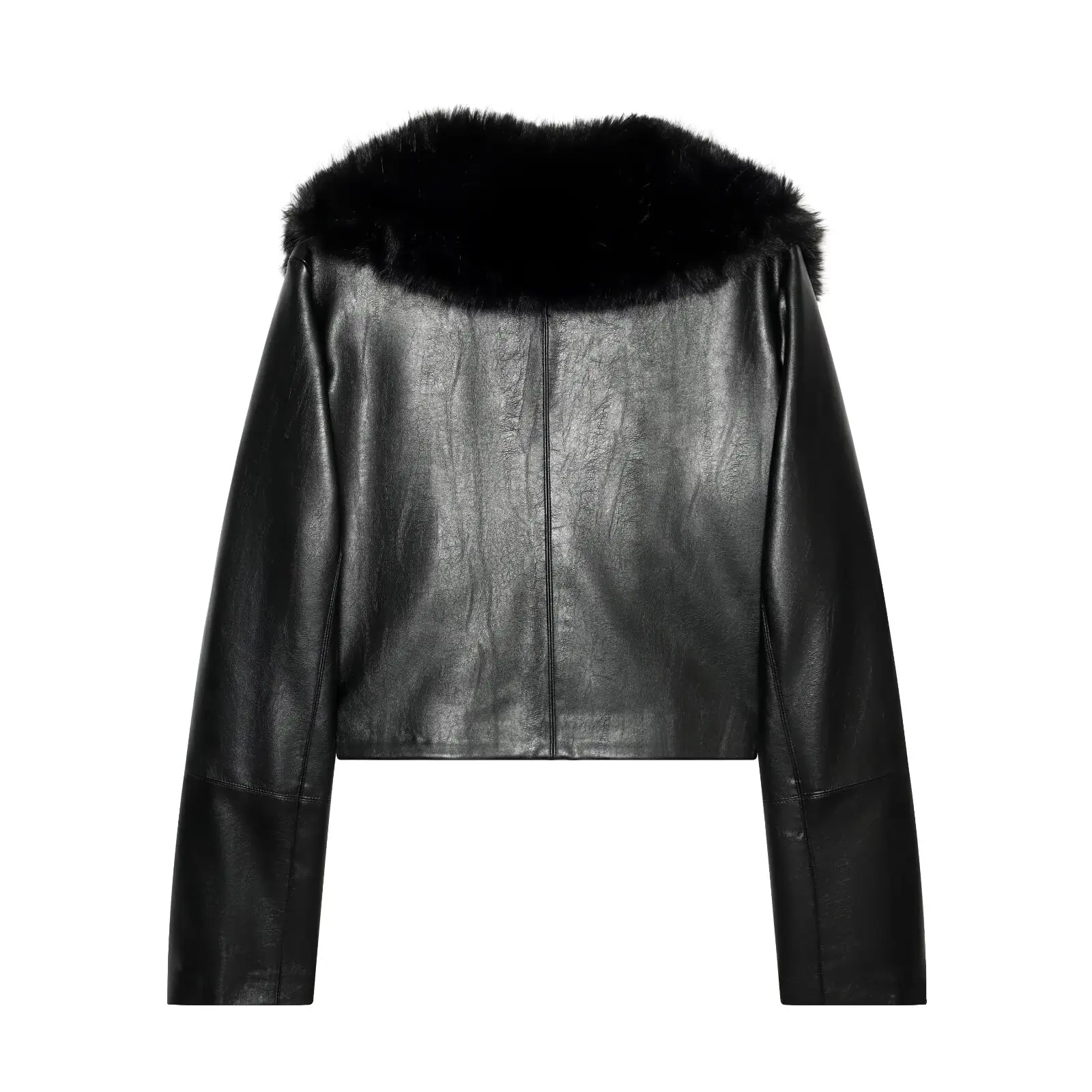 BSAY 2026 Women Fashion Faux PU Leather Cropped Jacket Fluffy Wide Shawl Lapel Collar Long Sleeve Solid Black Winter Outerwear