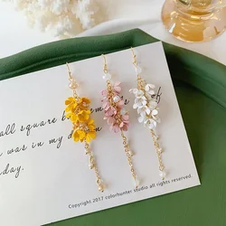 Japanese Style Fairy Pink White Flower Tassel Clip Earrings No Piecing Long Crystal Elegant Floral Bride Earrings for Wedding