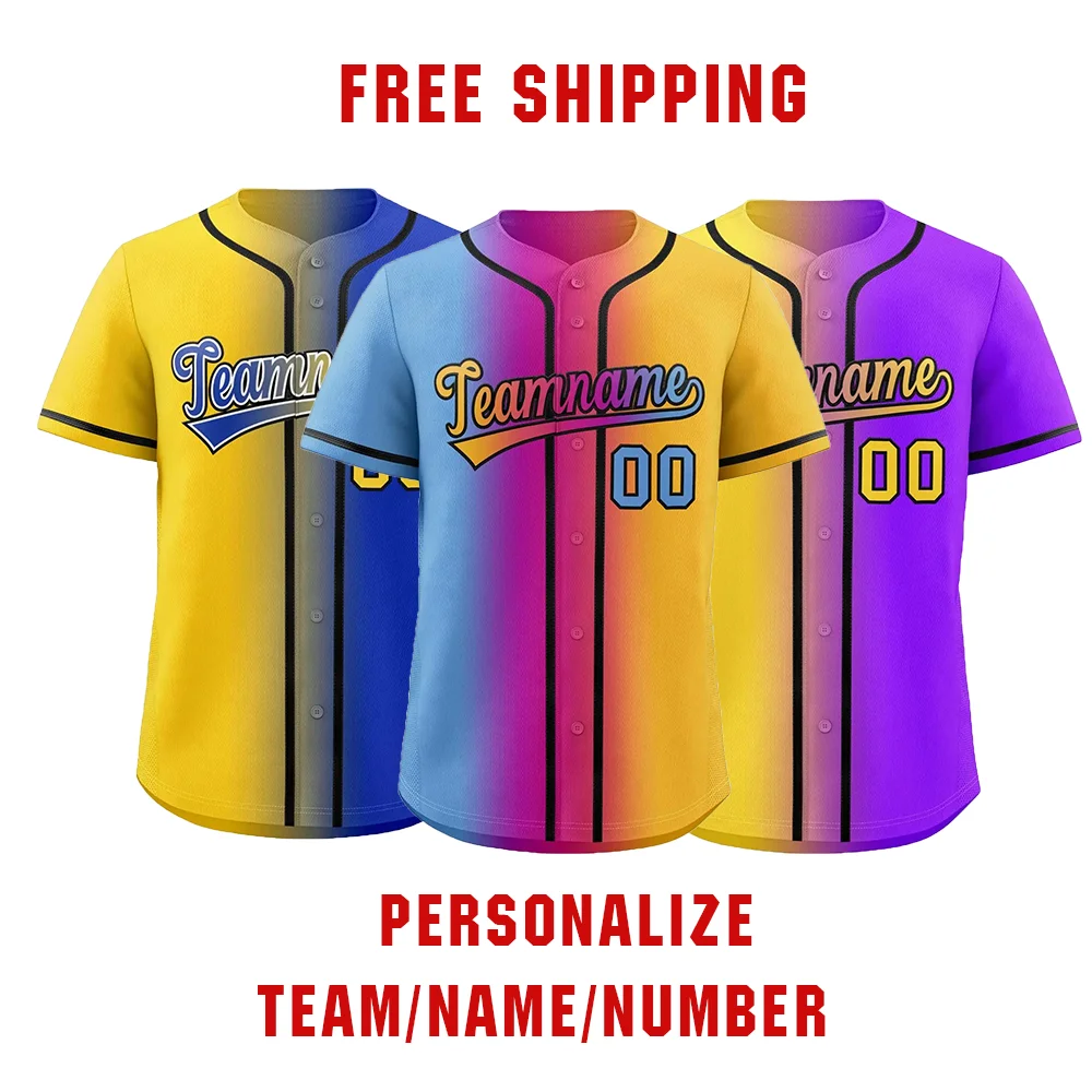 

Gradient Personalize Men Women Youth Baseball Jersey Button Down Sports Tee Printed Sublimation Letter Number