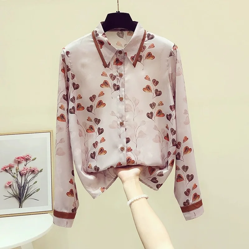 

2023 Spring New Heavy Floral Satin Long Sleeve Shirt Women Design Sense Temperament Top Camisas De Mujer