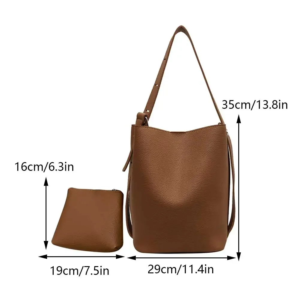 Women Versatile Shopper Bag PU Leather Bucket Grocery Bag Large Capacity Adjustable Strap Simple Bag with Matching Clutch Set