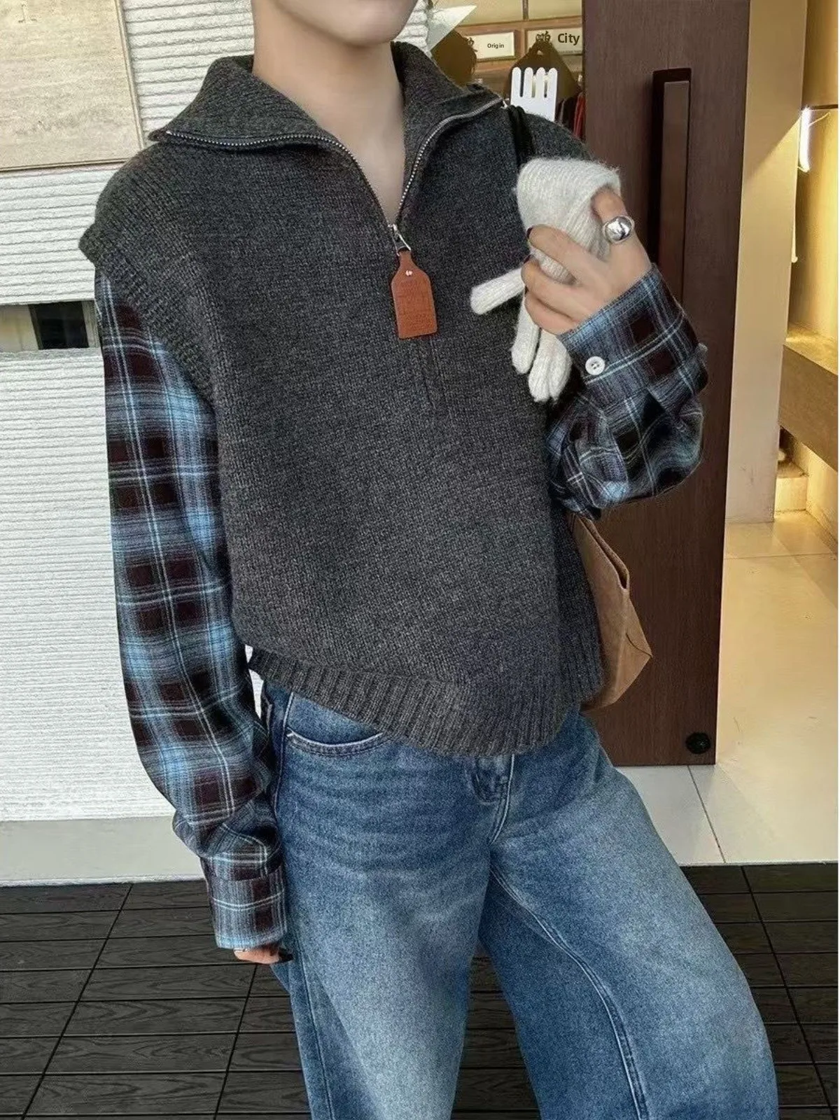 

Осень-зима, новый вязаный свитер Sle Long Sve Plaid f на молнии Ne, корейский свободный крой, двойная молния, Thiened