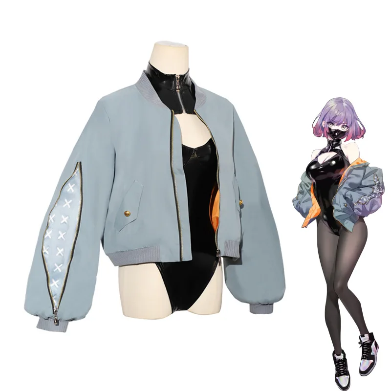 

Kawaii Anime Girl Cosplay Costume Black Latex Bodysuit with Bomber Jacket, Full Set Outfit for Halloween & Comic Con/Daily Wear