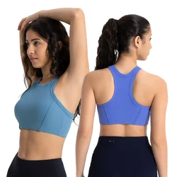 Women High Neck Padded Sports Bra Medium Support Shockproof Running Fitness Brassiere Racerback Rib Knit Seamless Yoga Tank Top