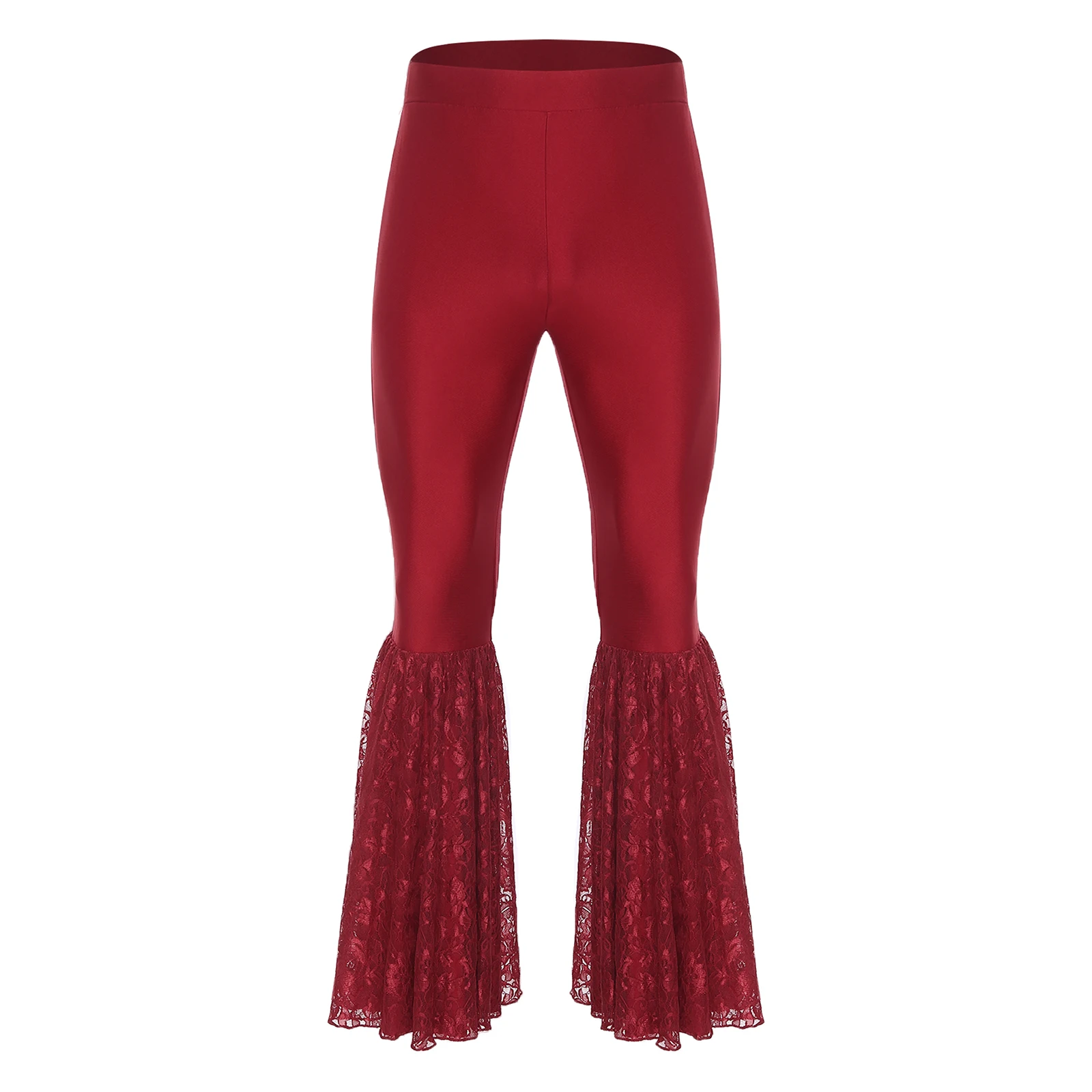 Men's Latin Dance Long Pants Lace Patchwork Bell-Bottom Disco Pants Elastic Waistband Flared Trousers for Halloween Theme Party