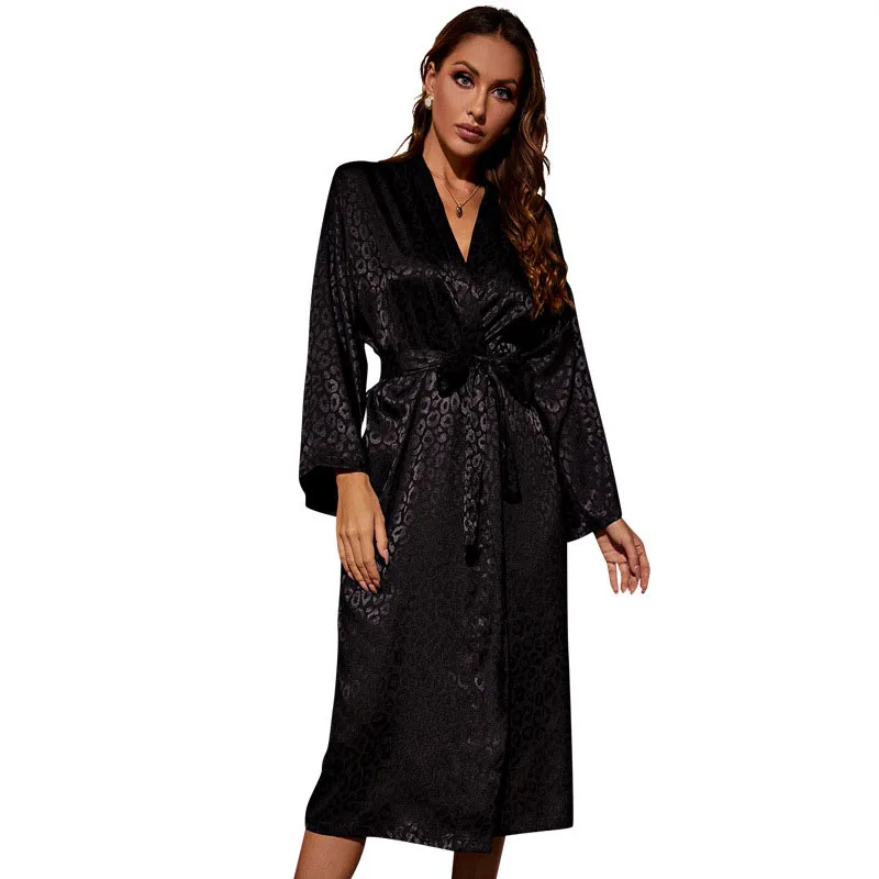 Long Sleeved Black Home Nightgown For Women Sexy V-Neck Cardigan Lace-up Pajama 2024 Fashion Simple Casual Female Nightdress