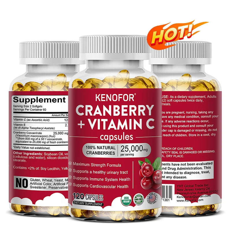 Cranberry Extract Concentrate + Vitamin C - 25,000 Mg, 120 Capsules, Triple Strength Formula, Non-GMO and Gluten-Free Supplement