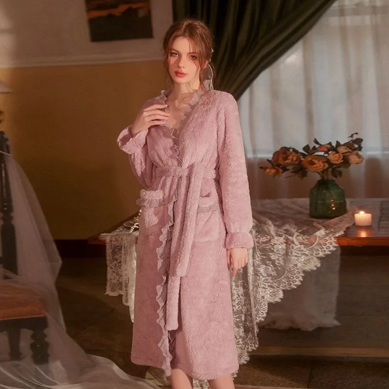 2024 New Autumn Winter Flannel Sleepwear Thickened Comfortable Sleeping Dress Sweet Lace Sexy Fur Robes Falbala Homewear Set