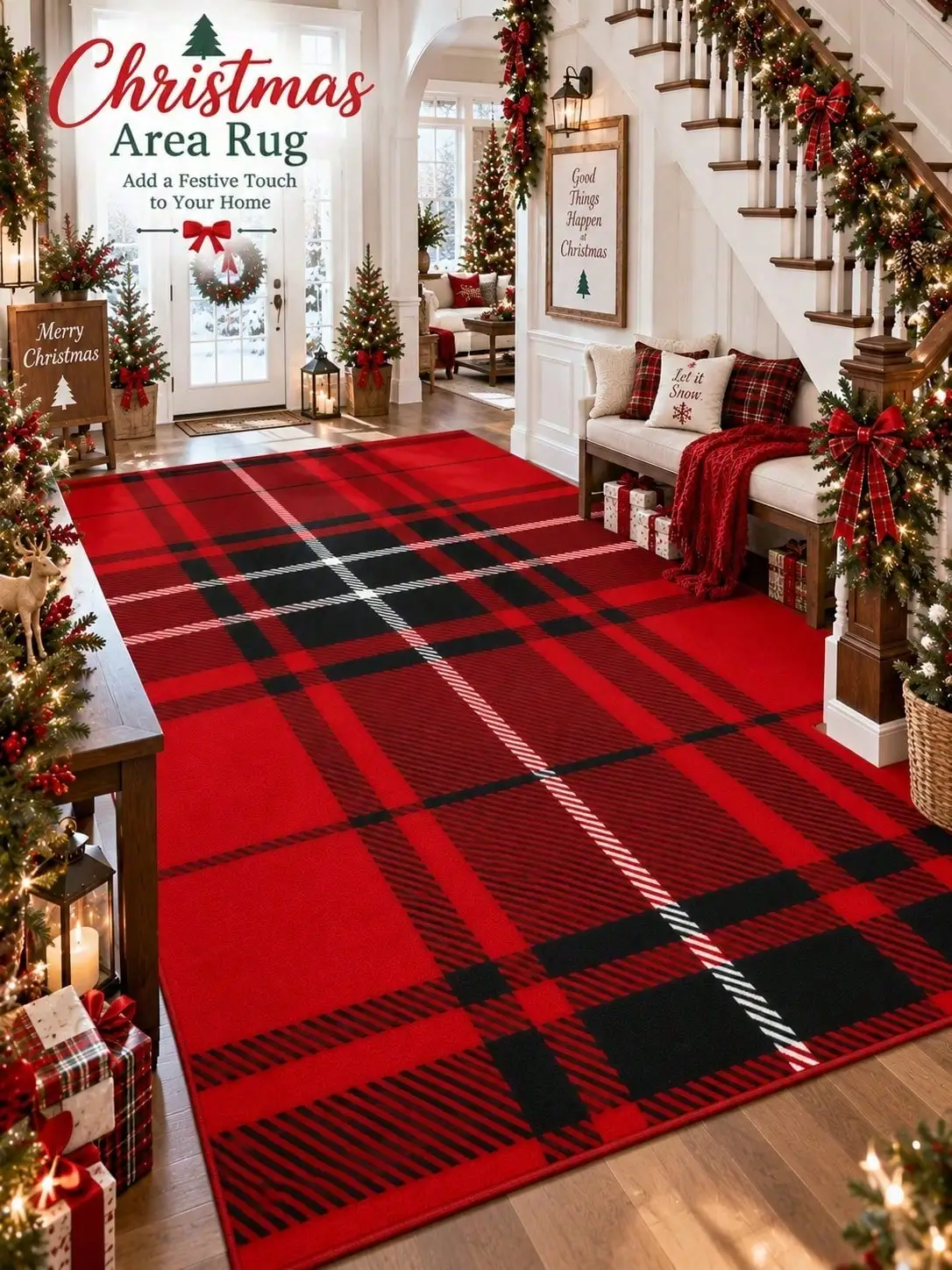 Christmas Rug Tartan Plaid Floor Decor Carpet Runner Rugs Home Decor Living Room Bedroom Dining Hall Office Dorm Entryway Apartment Studio Foyer Fireplace Housewarming Gift for Family Friends Sisters Neighbors Birthday Halloween Thanksgiving Party