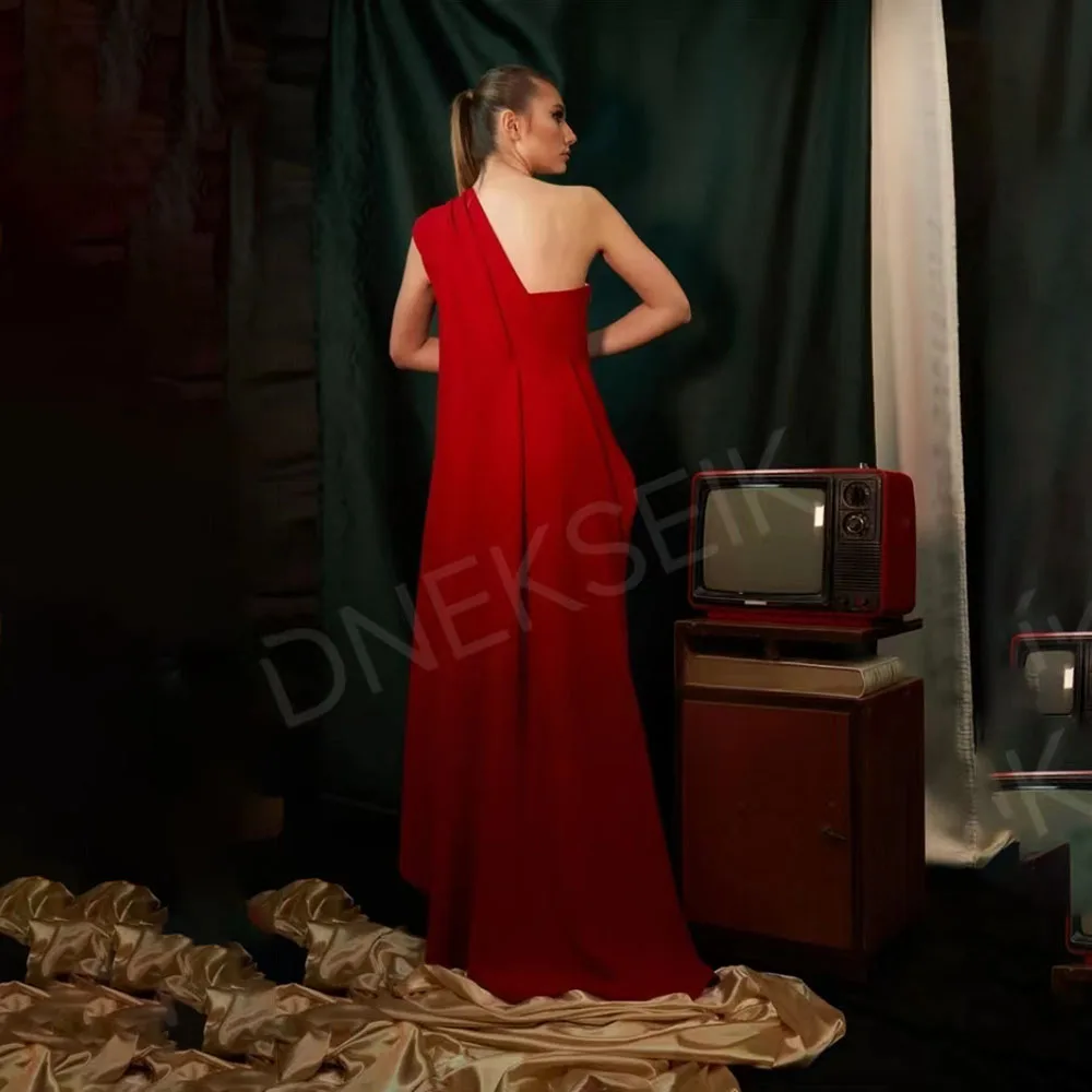 customized Elegant Red A-Line Evening Dresses One Shoulder Prom Dress Satin Floor-Length Saudi Arabia Party Gown