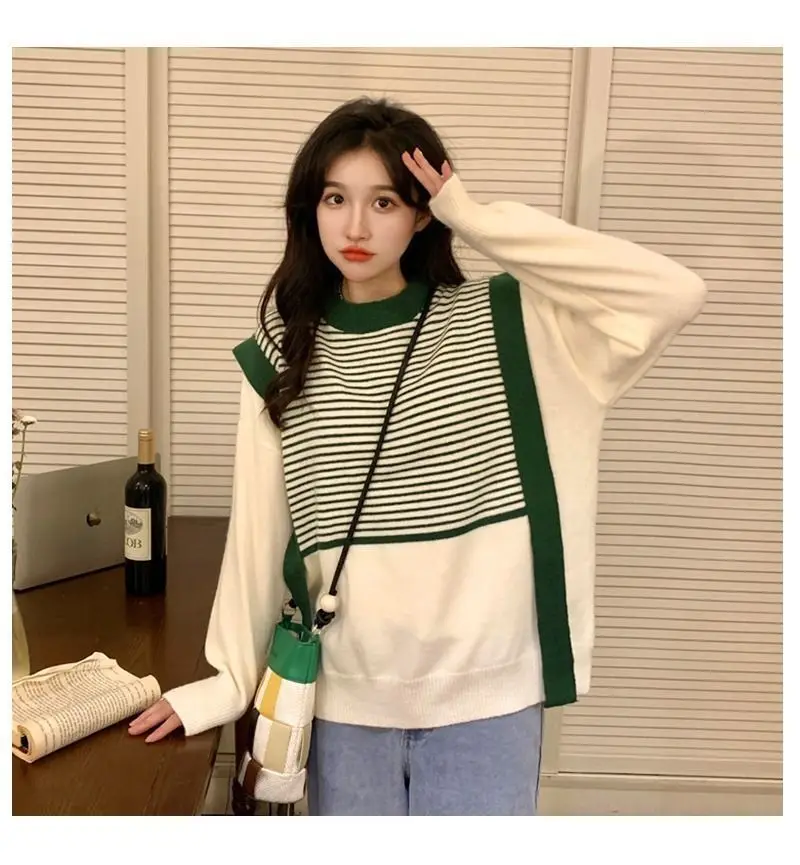 Autumn/Winter Korean Striped Sweater Soft Glutinous Outwear Loose Reduced Age Round Neck Knit Top