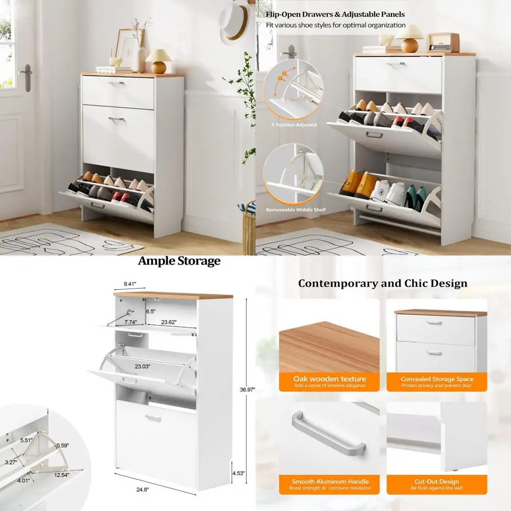 

Ultra Slim Shoe Cabinet Storage for Entryway with Flip and Drop-Down Drawers, Narrow Shoe Organizer for Front Door Entryway