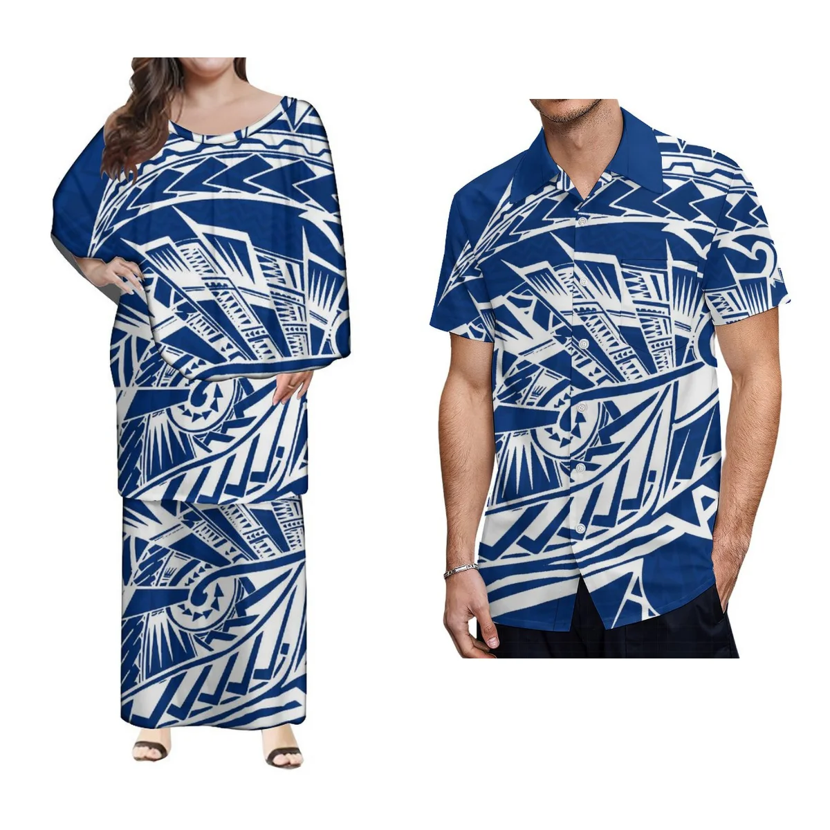 

Summer New Couple Set Polynesian Puletasi Artist Women'S And Ankle Dress Men'S Shirt Casual Fashion Party Dress Quality Fabric