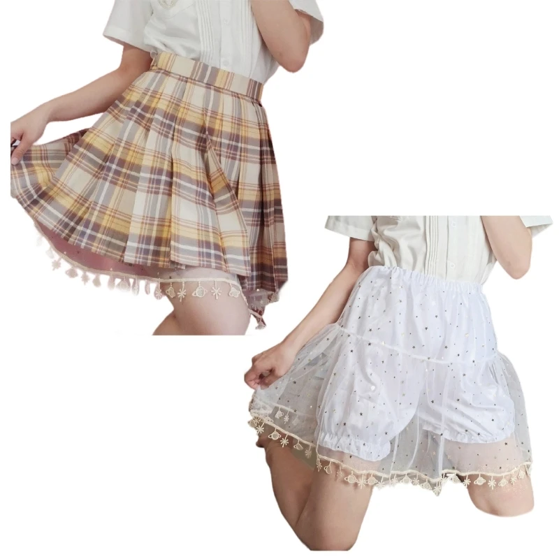 Women Mesh Skirt with Bloomers Lining Shorts Star Tassels Petticoat Underskirt