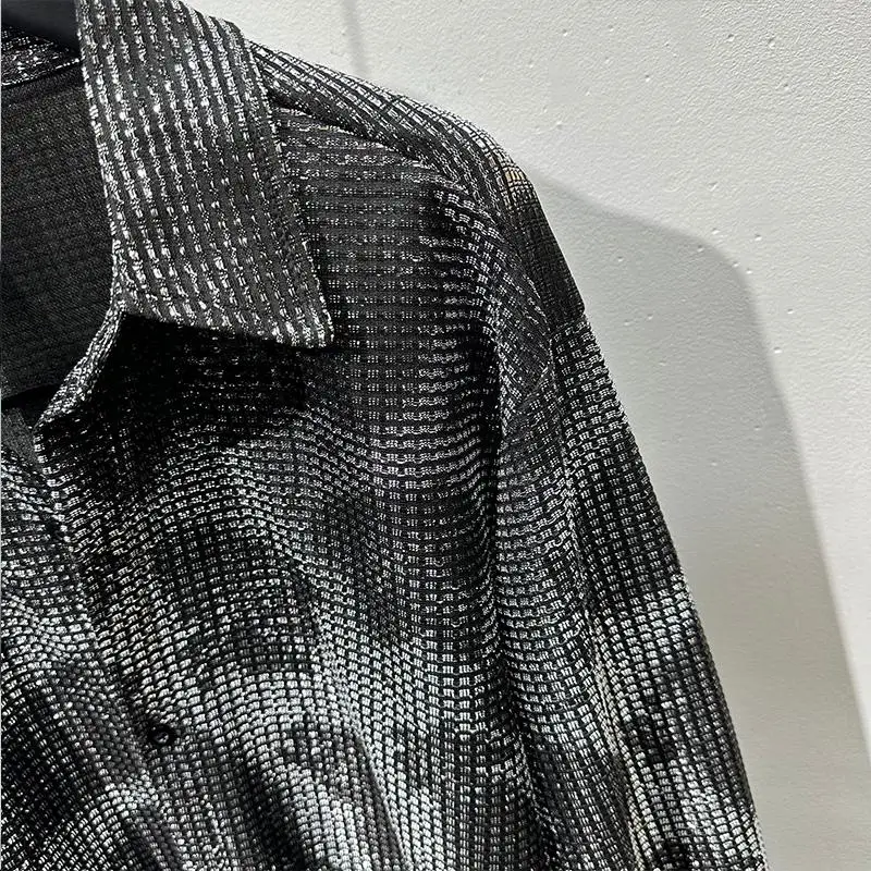Popular Glossy Printed Loose Long Sleeves Shirt Men and Women Ruffle Handsome Stylish Flow Design Sense Model Style