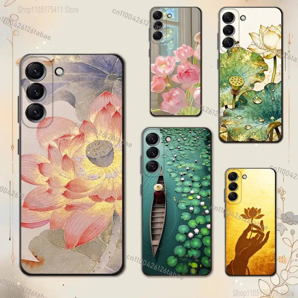 Fresh Lotus Phone Case For Samsung Galaxy A73,31,32,72,41,53,52,71,22,5G,Note,J7,8,9 Soft Black Cover