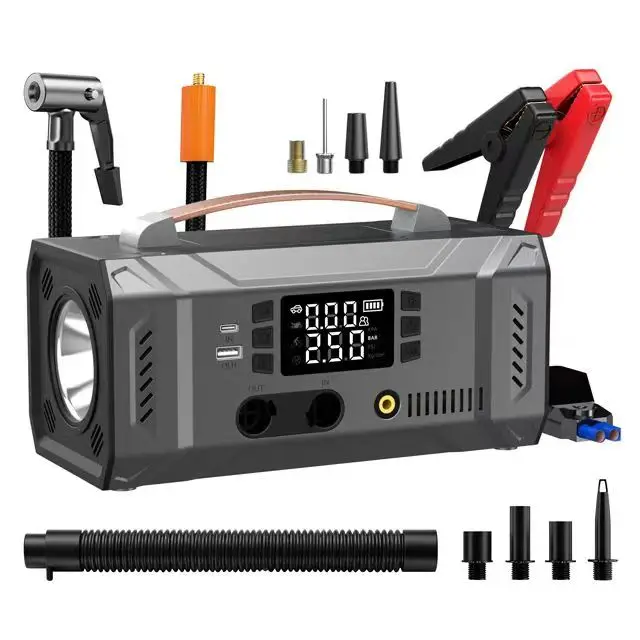 Portable 6 1 Car Jump Starter Cordless Air Compressor 10000mAh Booster Power Bank Emergency Tool Kit LED Light 1000A 190PSI